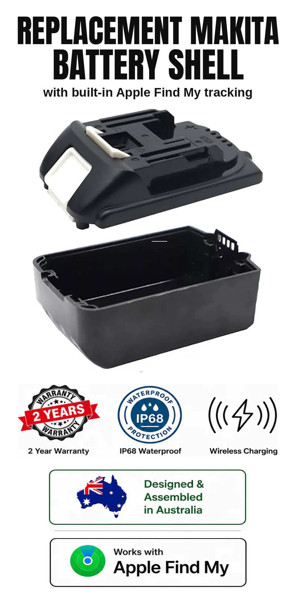 Retrofit Replacement Housing for Makita 5AH and 6AH Batteries with Built in Find My Tracking