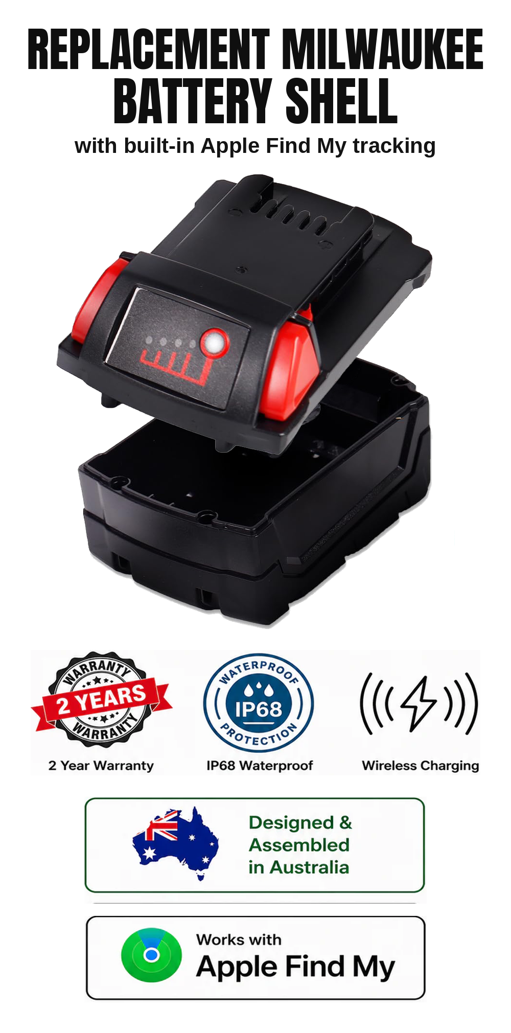 Retrofit Replacement Housing for Milwaukee 5AH and 6AH Batteries with Built in Find My Tracking